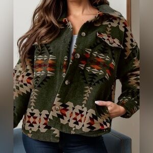 Women’s Aztec Tribal Patterned Green Jacket Size Medium